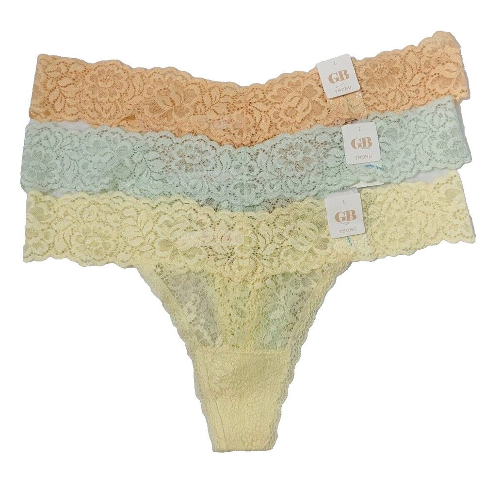 GB Thong Juniors Women L Nylon Lace Multicolor Pastel Set of 3 Romantic Sexy NWT
